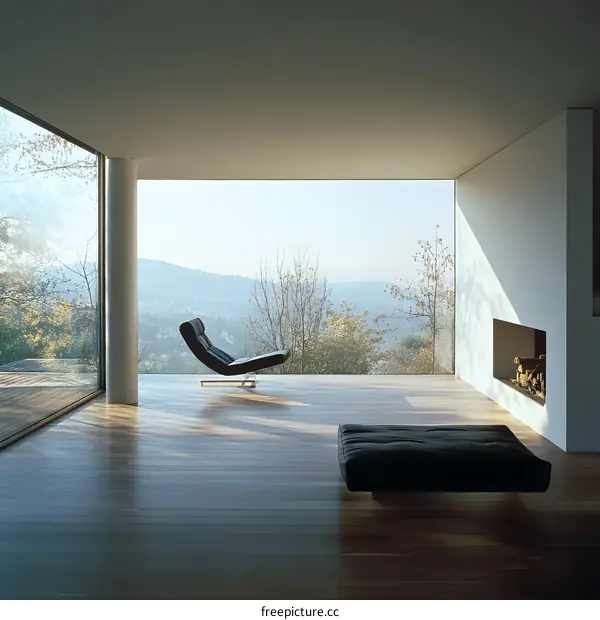 Modern Living Room with Large Window and View of Mountains