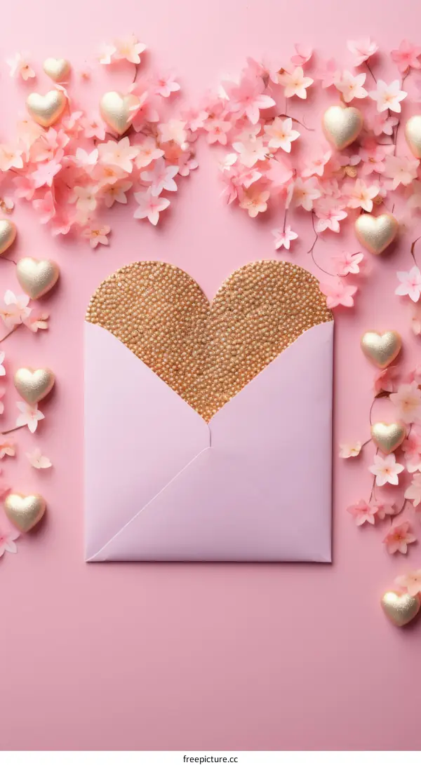 Pink envelope with a heart-shaped flap and gold heart-shaped candies