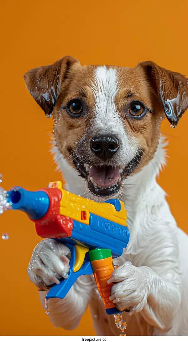 A wet dog is holding a water gun and squirting water