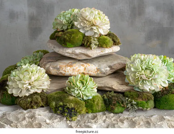 Green Succulents On Stacked Stones With Moss