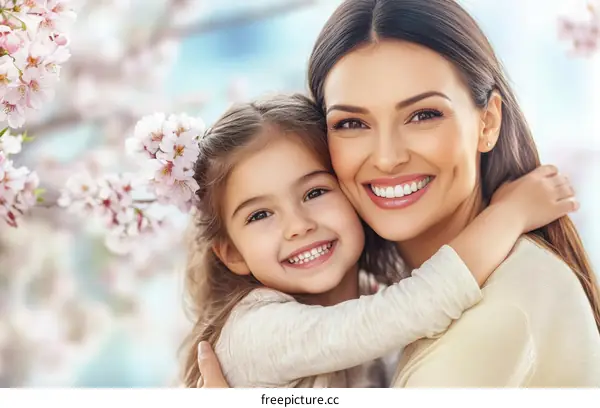Mother and Daughter Embrace in Springtime