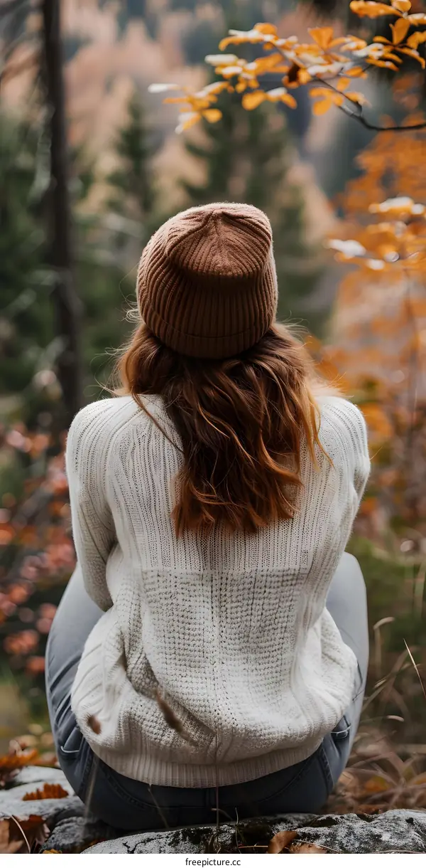 Woman in Brown Knit Hat Sitting in the Forest