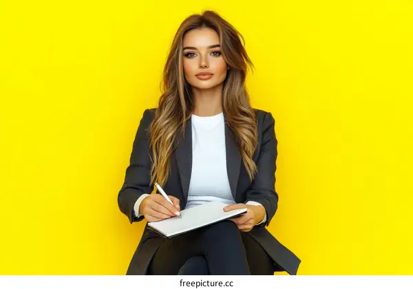 Business Woman Taking Notes on Yellow Background