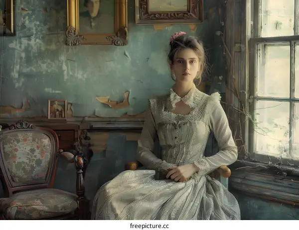 Vintage Dress Woman in Old House Sitting by Window