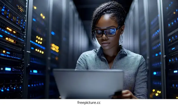 African Woman Working in a Server Room