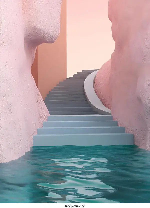 Abstract Staircase Leading to the Sea with Pink Walls