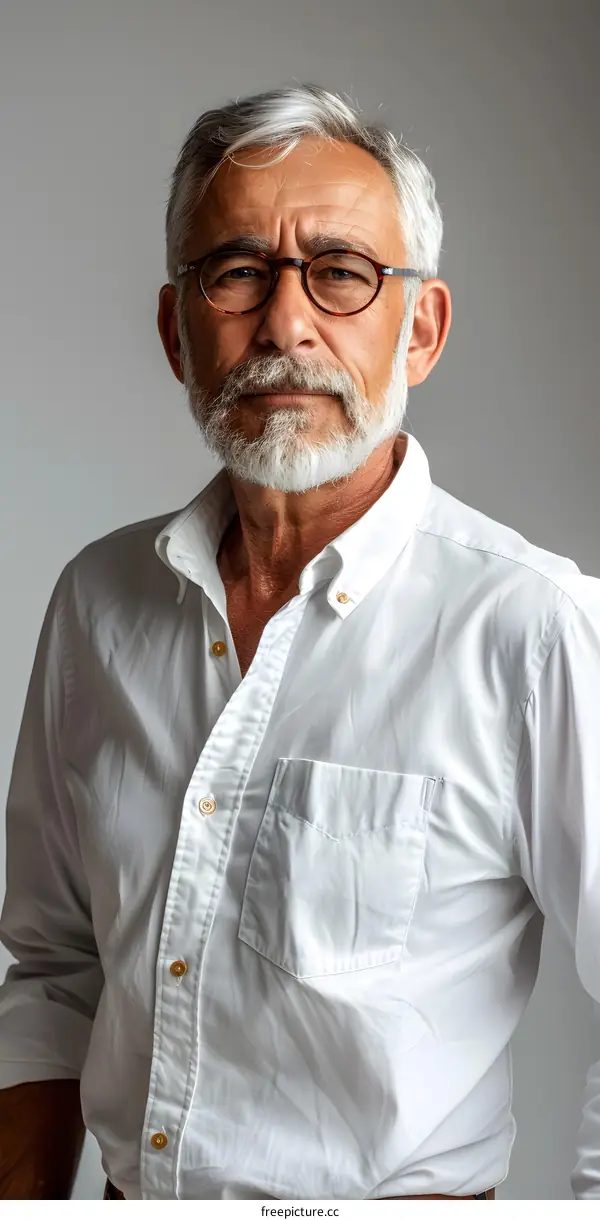 portrait of a senior man with grey hair and beard wearing glasses