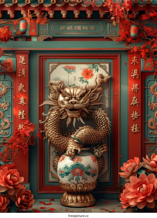 Exquisite Oriental Dragon and Flower 3D Rendering