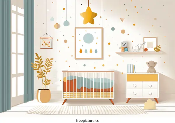 Cute Baby Nursery Room Decor With White Crib And Yellow Star