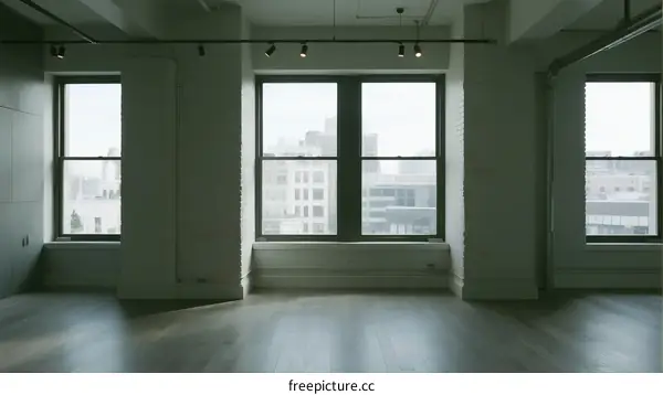 Empty modern room with large windows and wooden floor