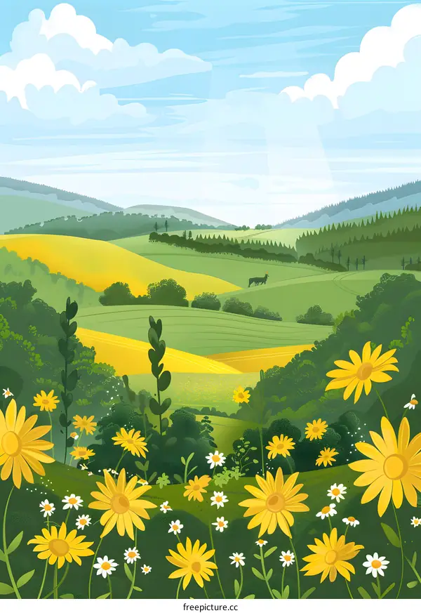Summer Landscape with Rolling Hills and Yellow Flowers