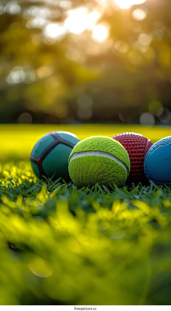 A variety of balls on the grass
