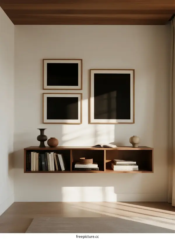 Minimalist Living Room with Wooden Shelf and Framed Artwork