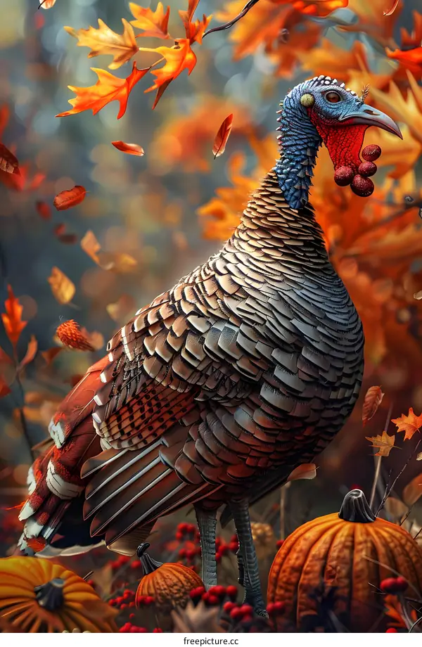 A turkey standing in a pumpkin field with leaves falling all around