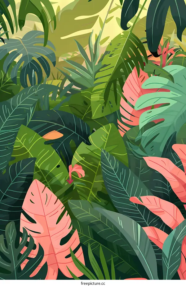 Green and Pink Tropical Leaves Illustration