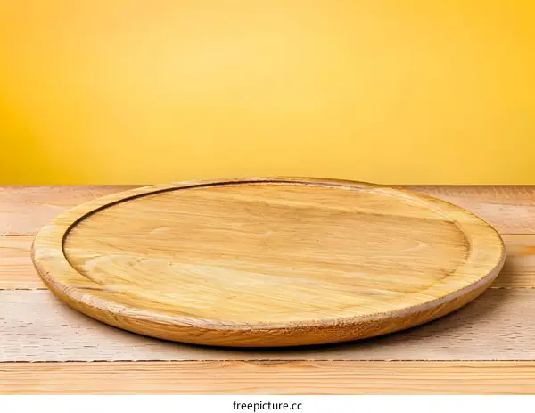 Wooden Round Cutting Board On Wooden Table With Yellow Background