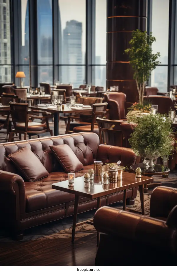 Luxurious restaurant interior with leather sofas and a view of the city