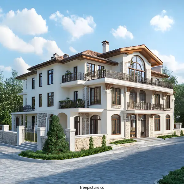 Luxury White House with Brown Roof and Stone Facade