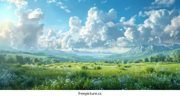 Green rolling hills under a blue sky with white clouds