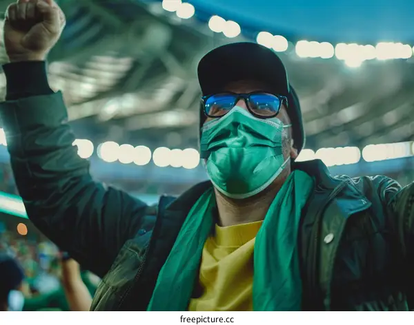 A masked man wearing a green scarf celebrates a goal by his team