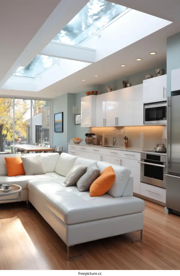 An open-plan kitchen with a large skylight