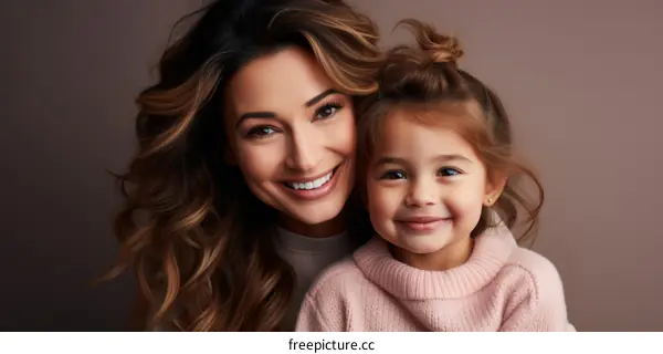 A mother and her daughter are smiling at the camera.