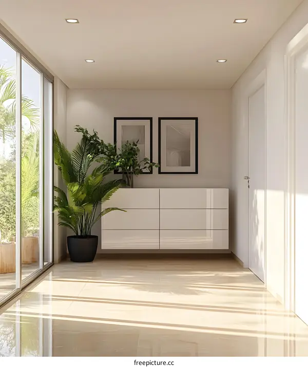 Modern Minimalist Interior Design Foyer With White Cabinet And Green Plant