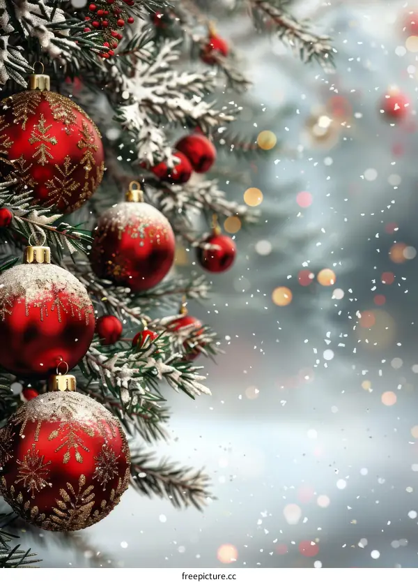 Snowy Christmas Ornaments Hanging from a Tree Branch