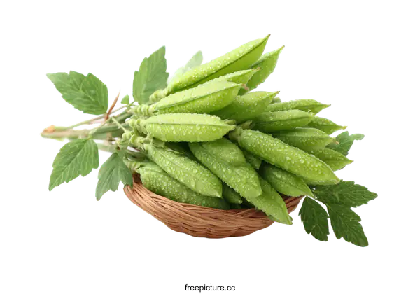 [Transparent Background PNG]Fresh Green Peas in a Wicker Basket