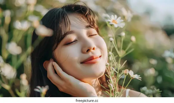 Woman With Closed Eyes Relaxing in a Flower Field