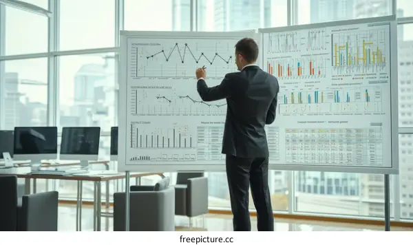 Businessman analyzing company financial statistics and planning growth strategies in modern office