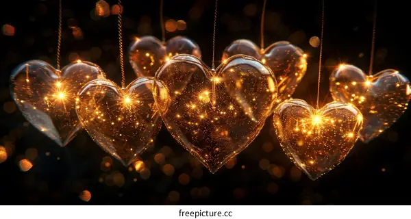 Glowing golden hearts hanging on strings with a blurred background