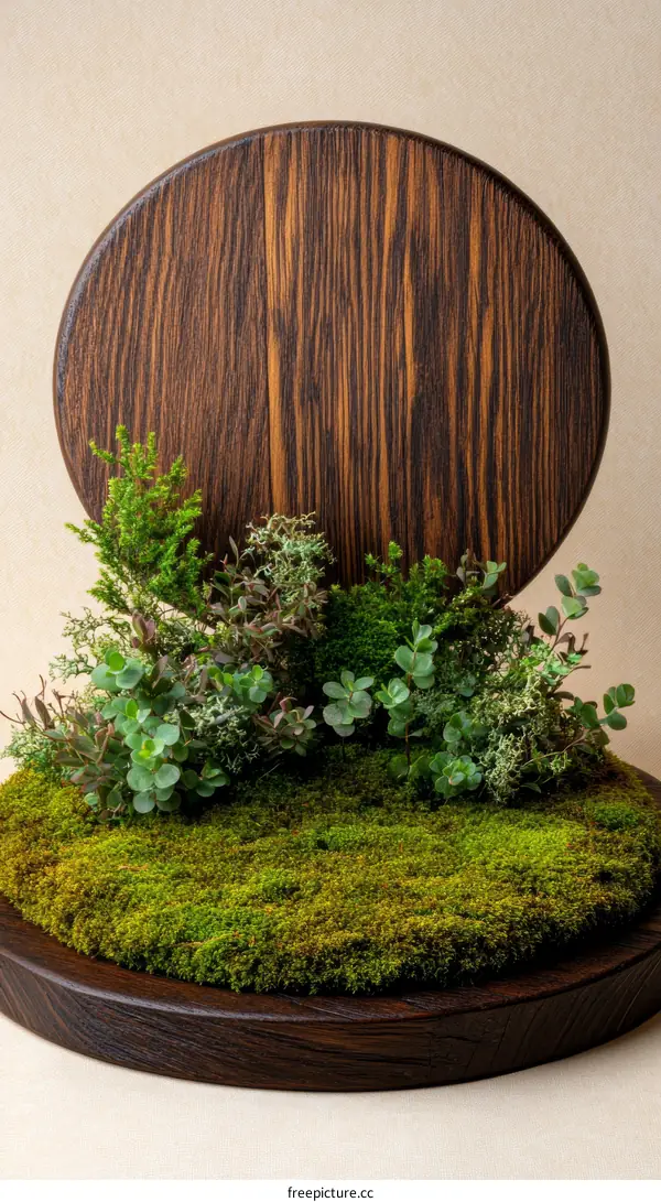 Wooden Round Display with Greenery Arrangement