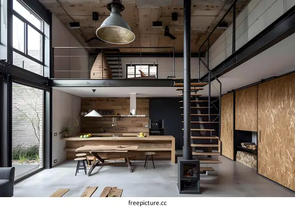 Modern Loft Apartment Interior Design with Wooden Beams and Industrial Style Features