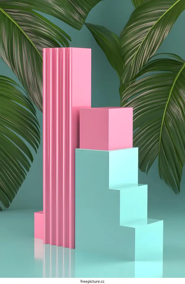 Pink and Blue Geometric Shapes Background with Green Leaves