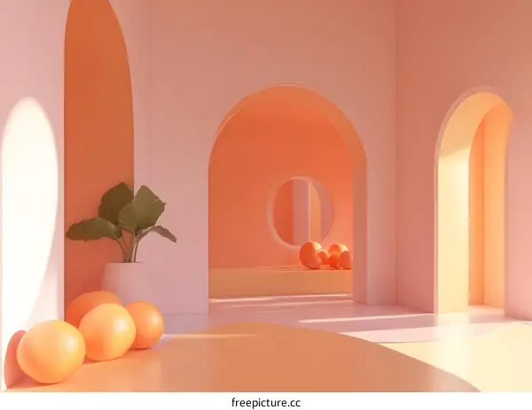 Minimalist Interior Design with Orange Spheres and Archways