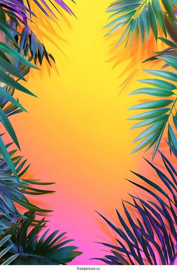 Tropical Palm Leaves On A Vibrant Pink And Yellow Background