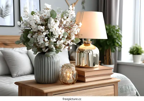 Bedroom Interior with Decorative Vase and Table Lamp