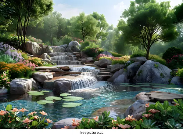 A beautiful landscape with green mountains, clear water and奇石林立