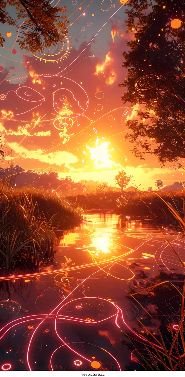 sunset landscape with river and glowing magical symbols