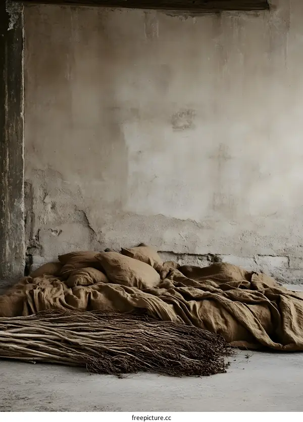 Rustic Beige Linen Bedding Against a Weathered Wall