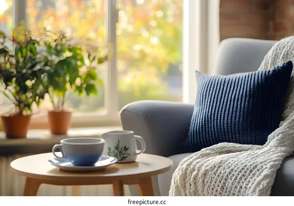 Cozy Living Room Interior Design with a Cup of Coffee on a Side Table