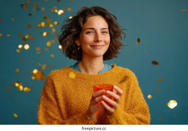 Woman Celebrating with Confetti and Drink