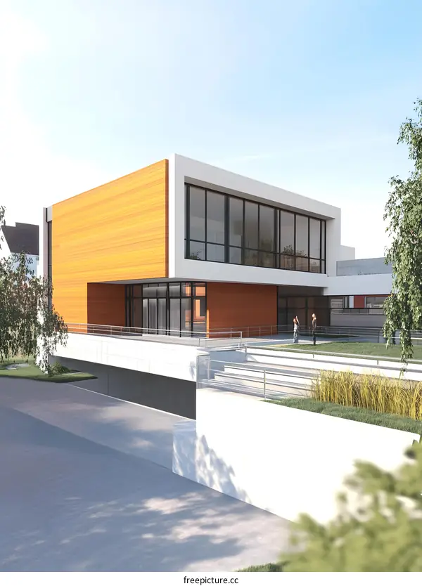 Modern Architecture with Wooden Paneling and Two People