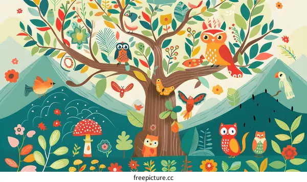 Colorful Illustrated Tree With Owl and Animals
