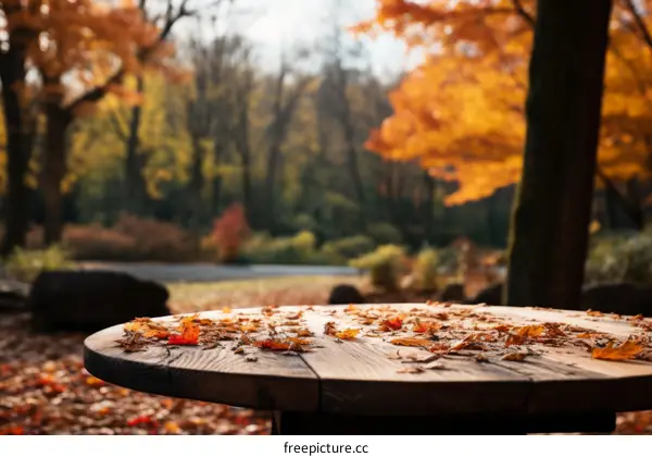 An Empty Wooden Table in an Autumn Park