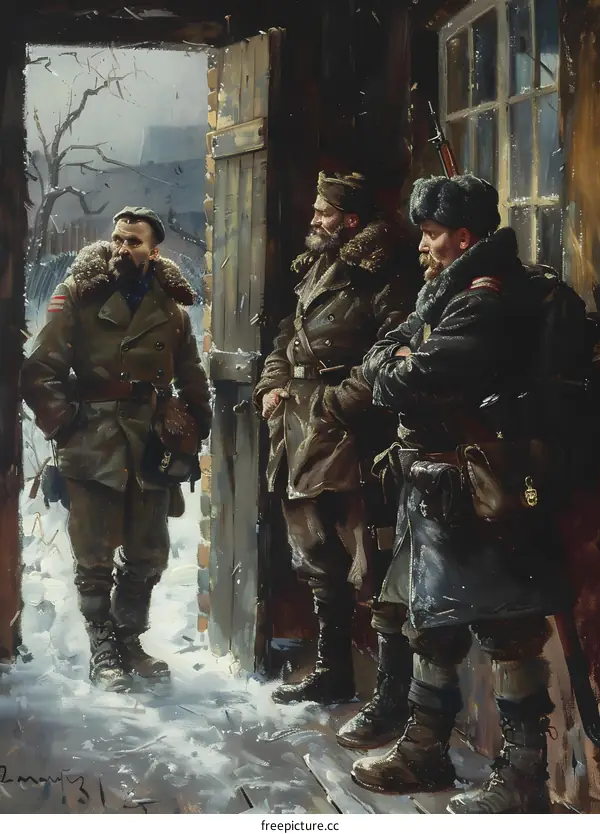 Soldiers at the Doorstep in Winter