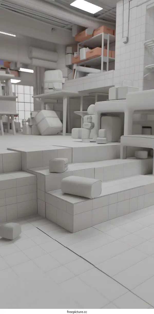 White Minimalist 3D Rendered Room Interior Design with Geometric Shapes