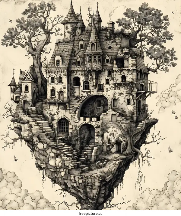 A castle floating in the sky with trees and clouds