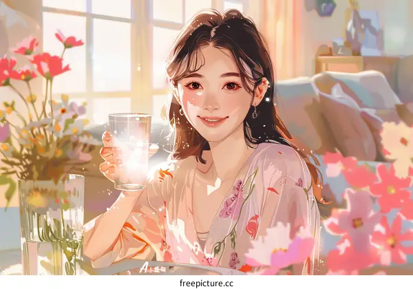 An illustration of a beautiful young woman with long brown hair holding a glass of water and smiling